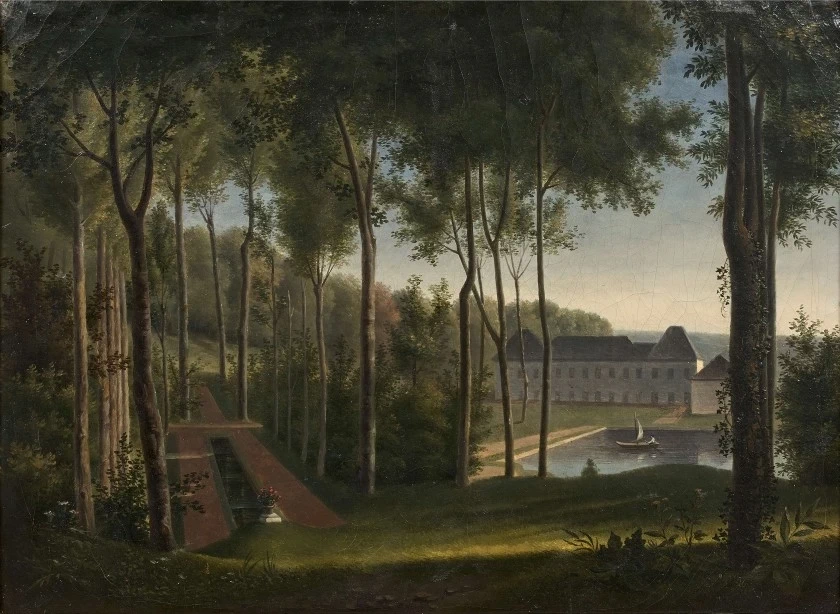 Alexandre Hyacinthe Dunouy - Sentiero e laghetto nel parco di un castello